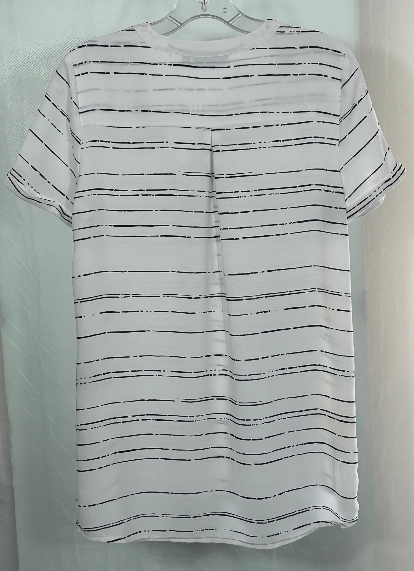 APT.9 Women's Small White Blouse with Black Stripes and Front Zipper | Short Sleeve Business Casual Top