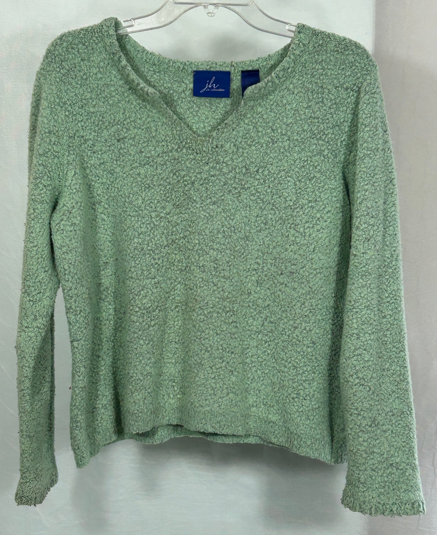JH Collectibles Green Bouclé Knit Pullover Sweater Women’s Size XL Textured Cozy V-Neck