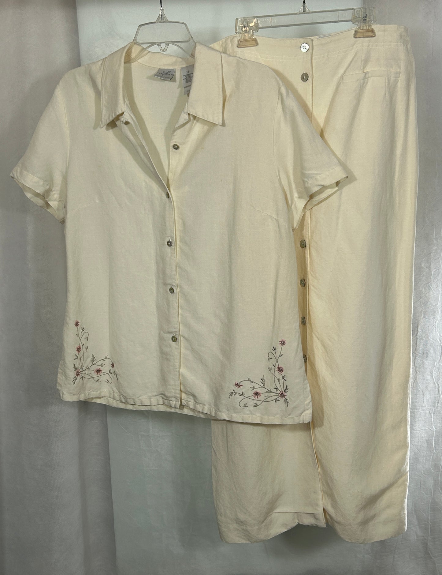 Emma James Liz Claiborne Women's Size 12 2-Piece Cream Linen Rayon Embroidered Blouse & Button Skirt Set