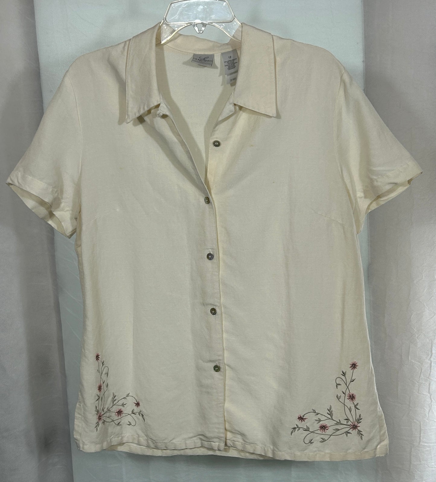 Emma James Liz Claiborne Women's Size 12 2-Piece Cream Linen Rayon Embroidered Blouse & Button Skirt Set