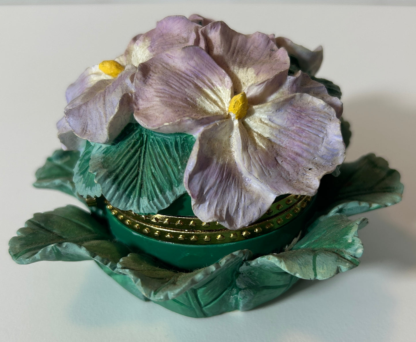 Floral Trinket Box with Hinged Lid and Purple Gem Accent – Pansy Flower Design