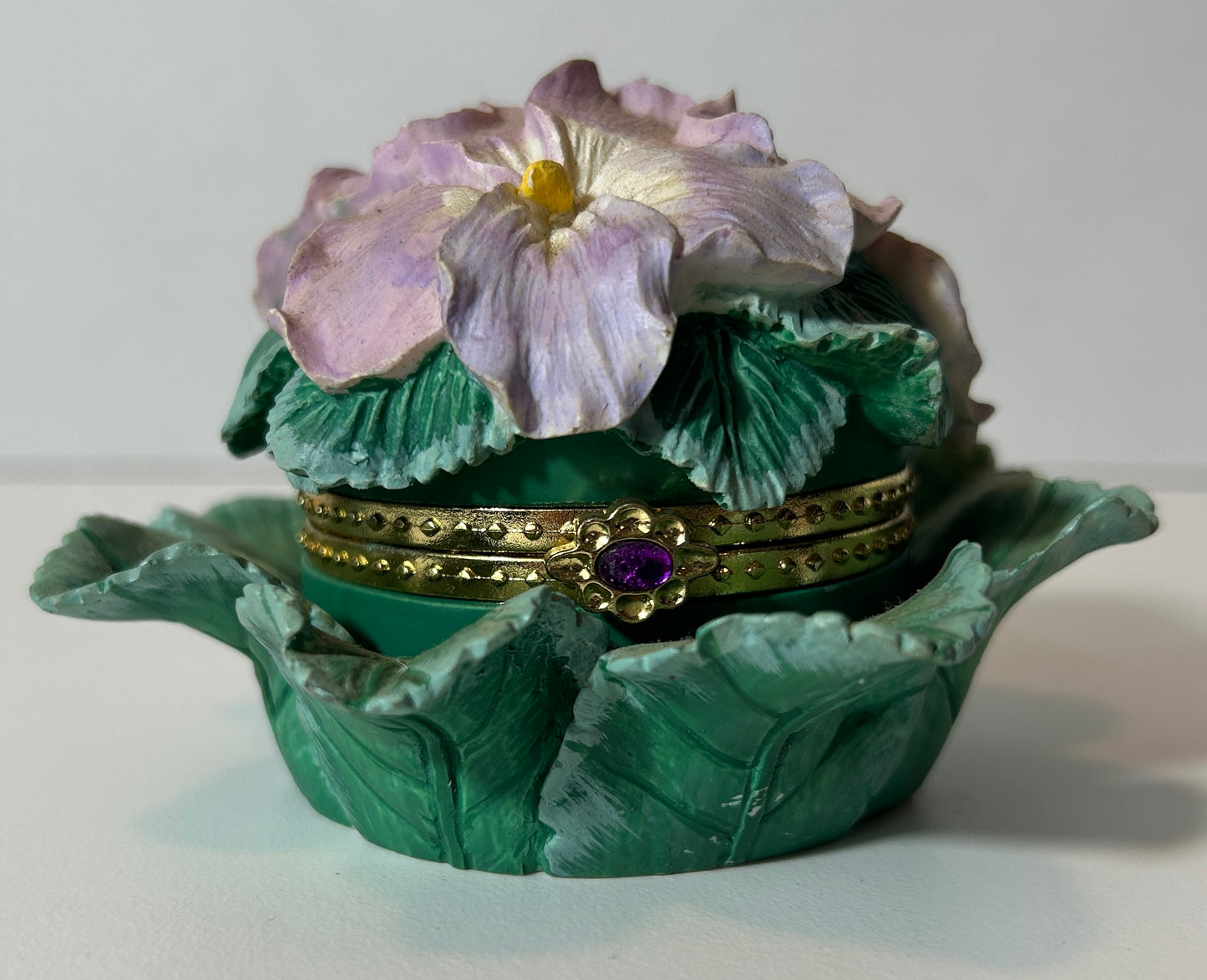 Floral Trinket Box with Hinged Lid and Purple Gem Accent – Pansy Flower Design