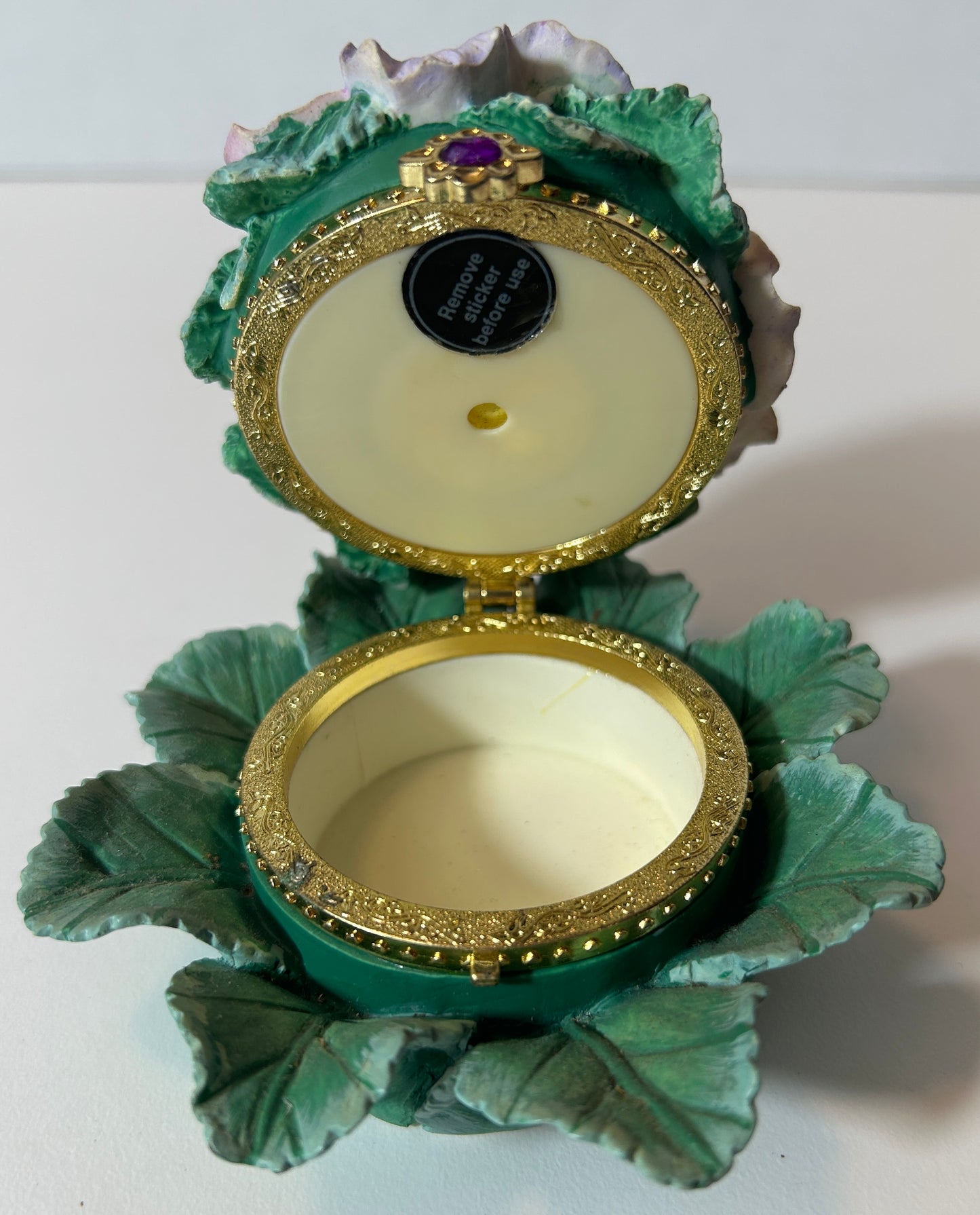 Floral Trinket Box with Hinged Lid and Purple Gem Accent – Pansy Flower Design