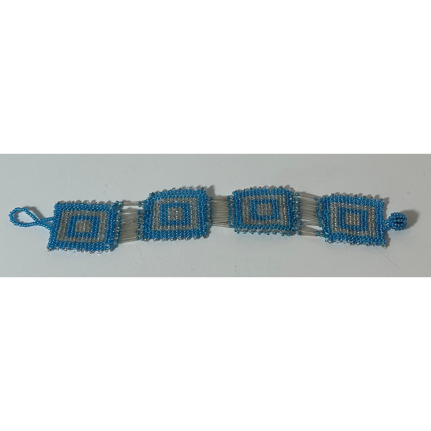 Handmade Blue Silver Seed Bead Woven Bracelet 8.25" Geometric Squares