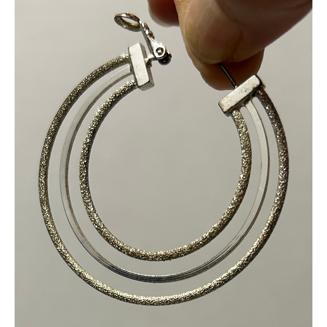 Silver Tone Triple Hoop Earrings Textured & Smooth Interlocking 2"