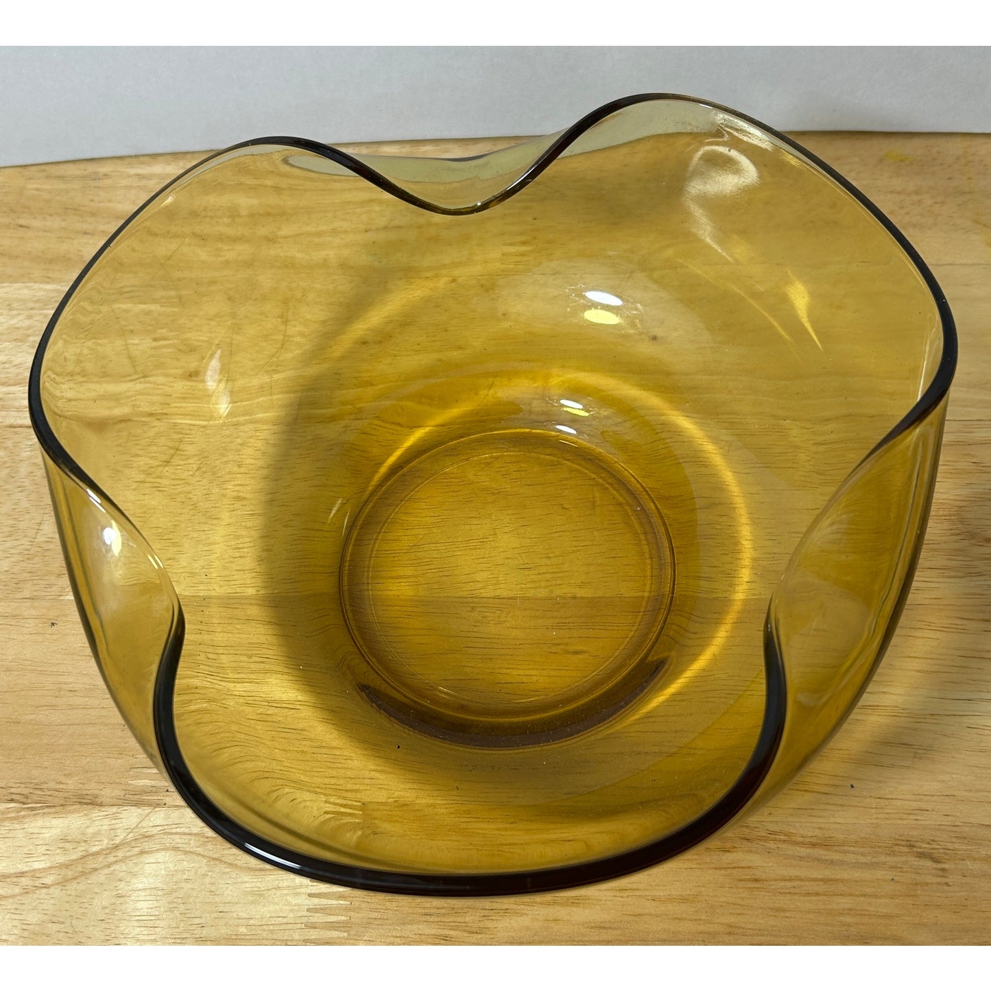 Anchor Hocking Amber Glass Chip Bowl 9" Wavy Edge Mid-Century Modern