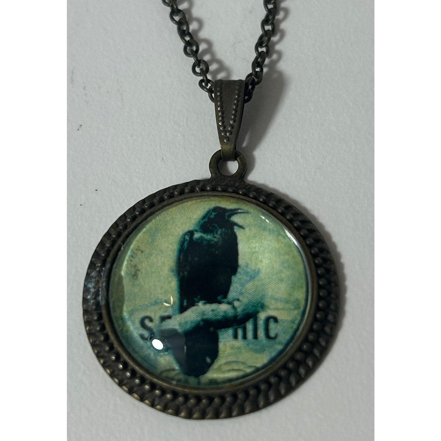 Vintage-Inspired Glass Dome Raven Pendant Necklace with Brass Chain, 21.25"