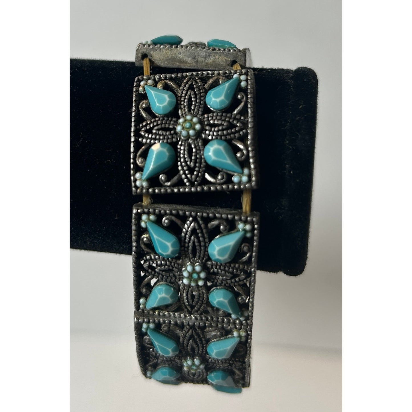 Vintage Boho Wide Cuff Bracelet w/ Faux Turquoise Floral Panels 7"