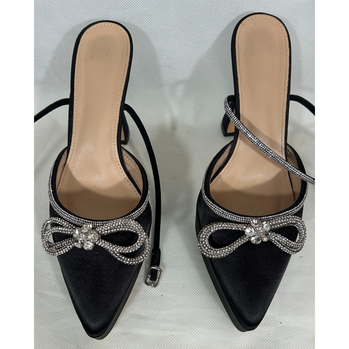 Black Satin Rhinestone Bow Ankle Strap Heels – Size 8.5