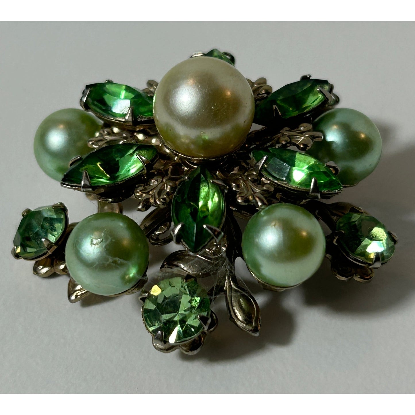 Vintage Green Rhinestone Faux Pearl Floral Brooch Pin 1.5"