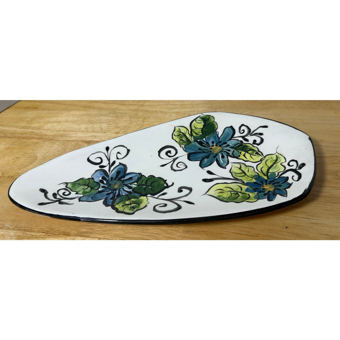 Hand-Painted Mid-Century Modern Ceramic Wall Pocket NB 1973 Blue Floral