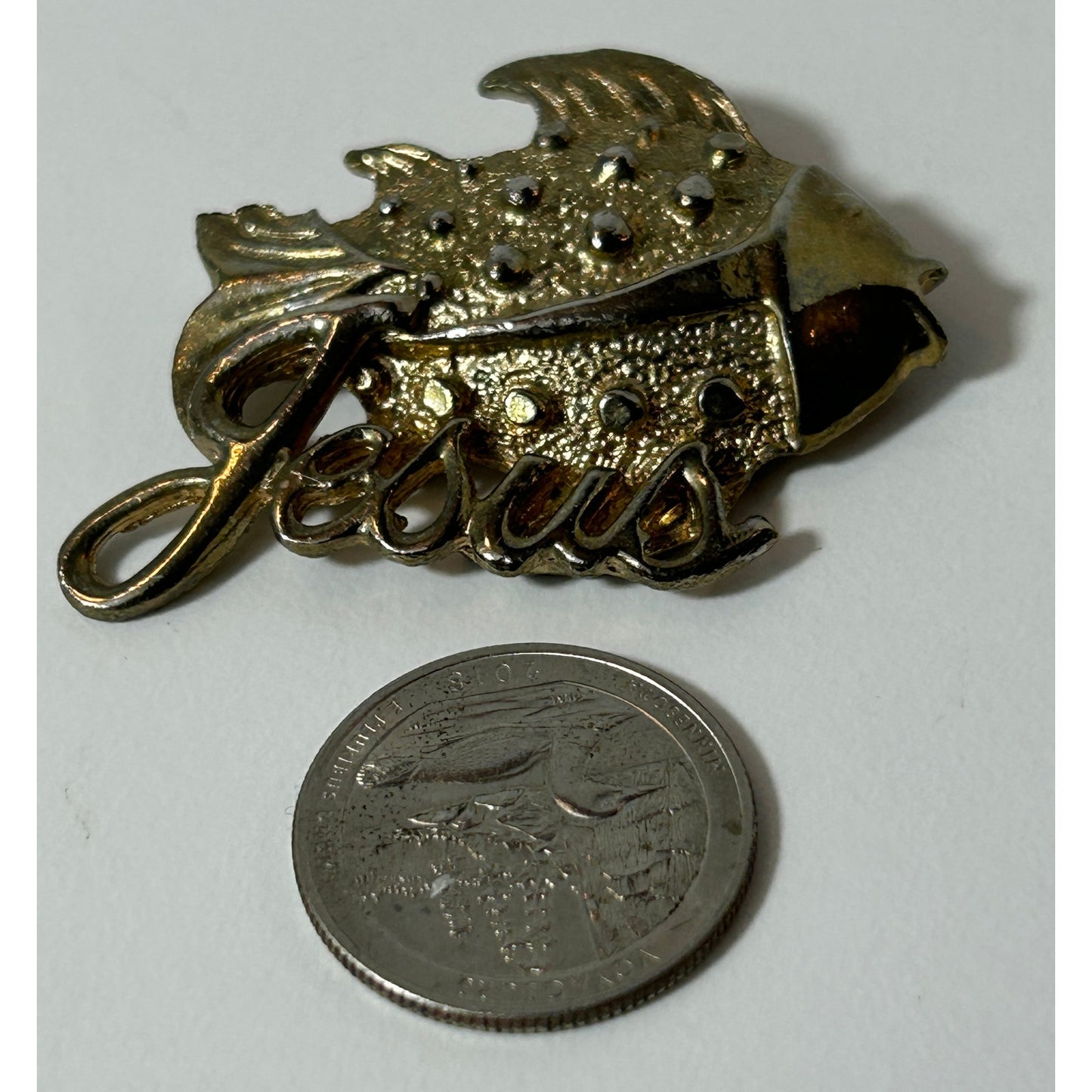 Vintage Gold Tone Jesus Fish Brooch Pin 2.25″ x 1.5″ Christian Statement Jewelry