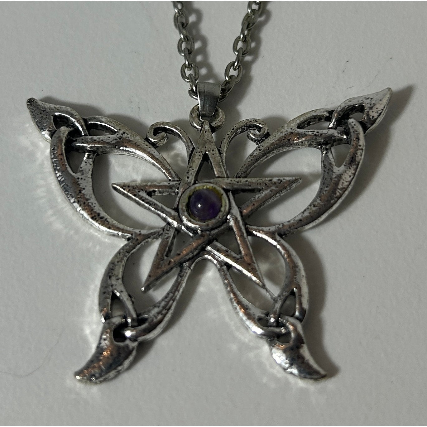 Silver Butterfly Pentacle Necklace with Purple Cabochon, 18"