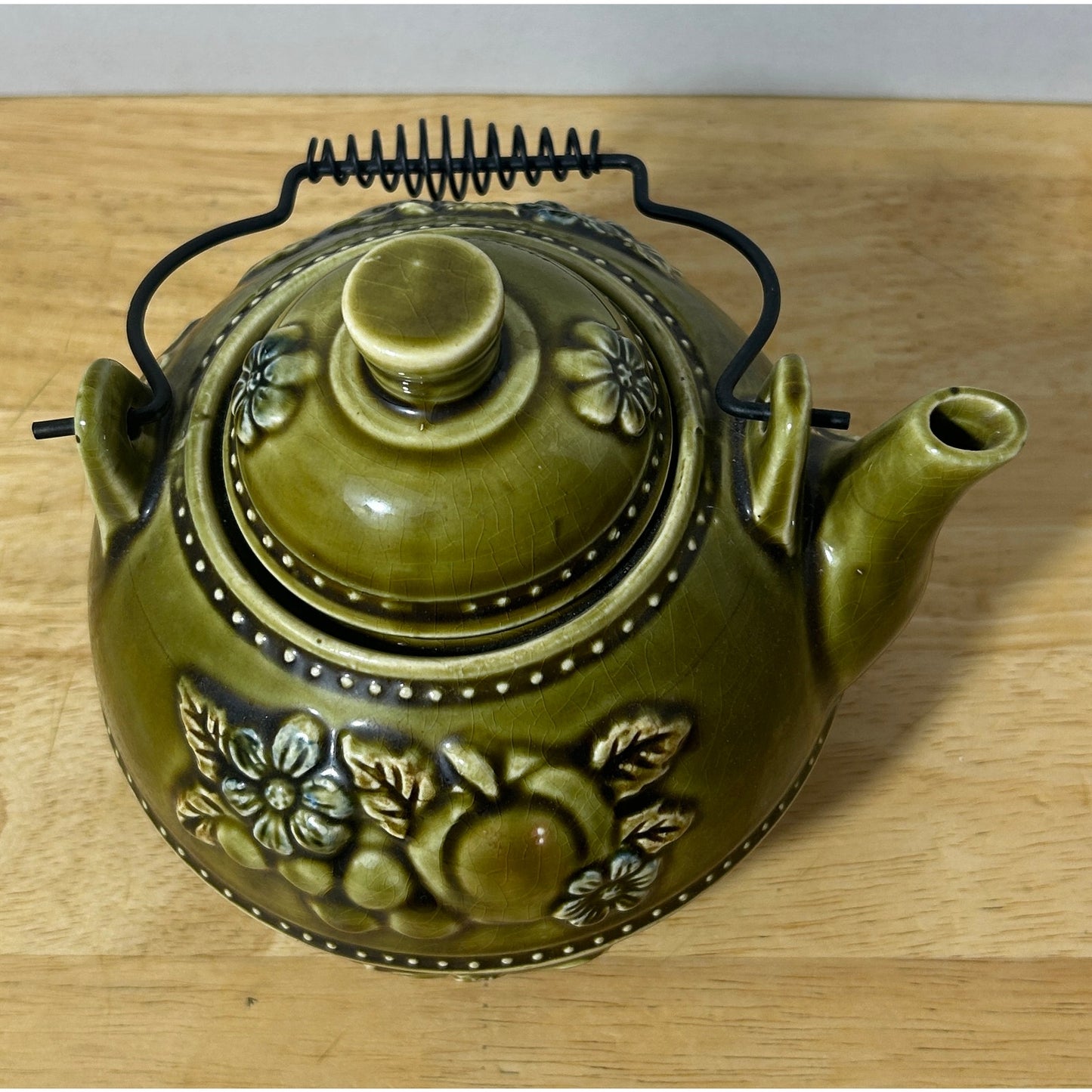 Vintage Royal Sealy Japan Green Ceramic Teapot with Fruit Motif 6.5" Tall