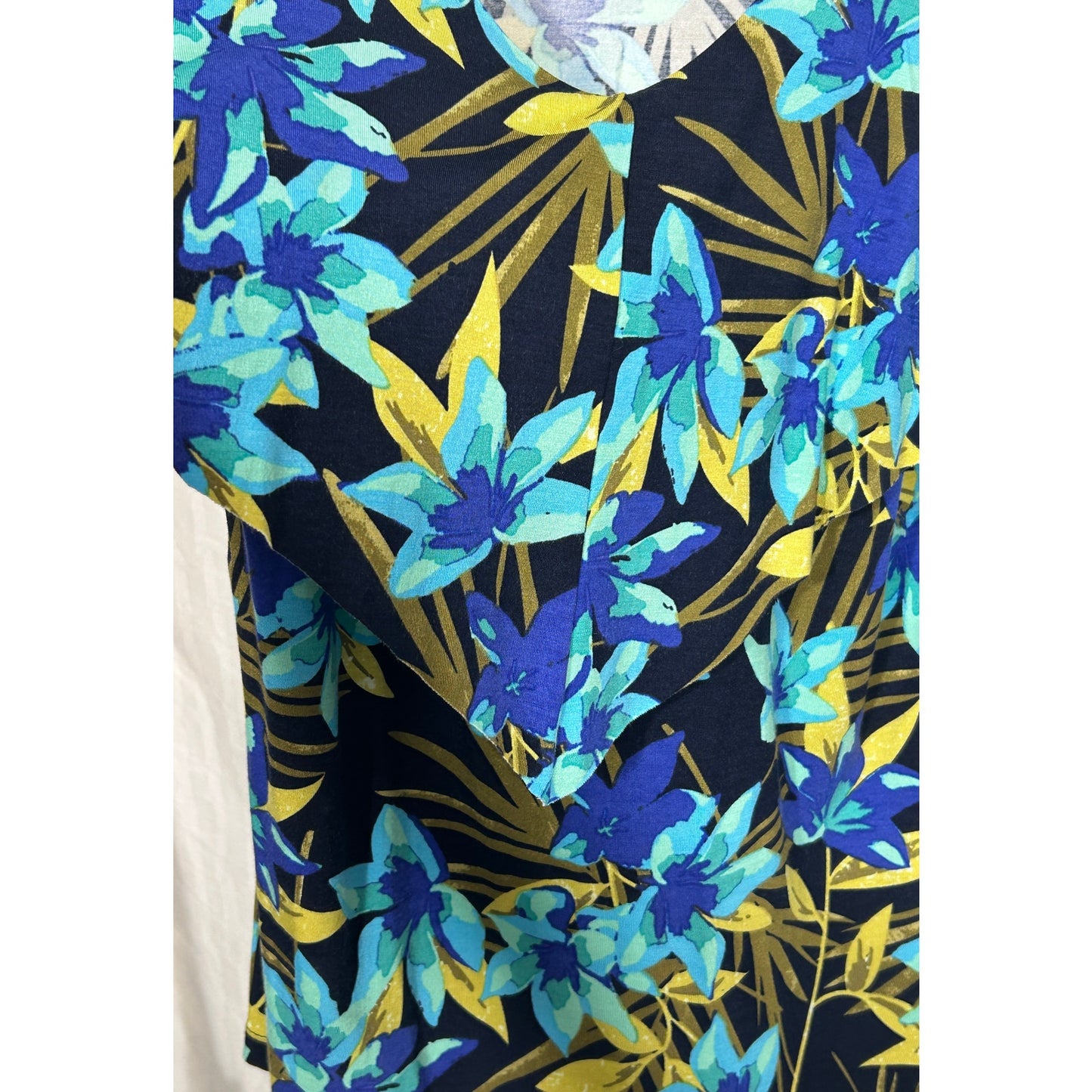 Merona XL Tropical Floral Tank Top Rayon Spandex Navy Blue Green Yellow
