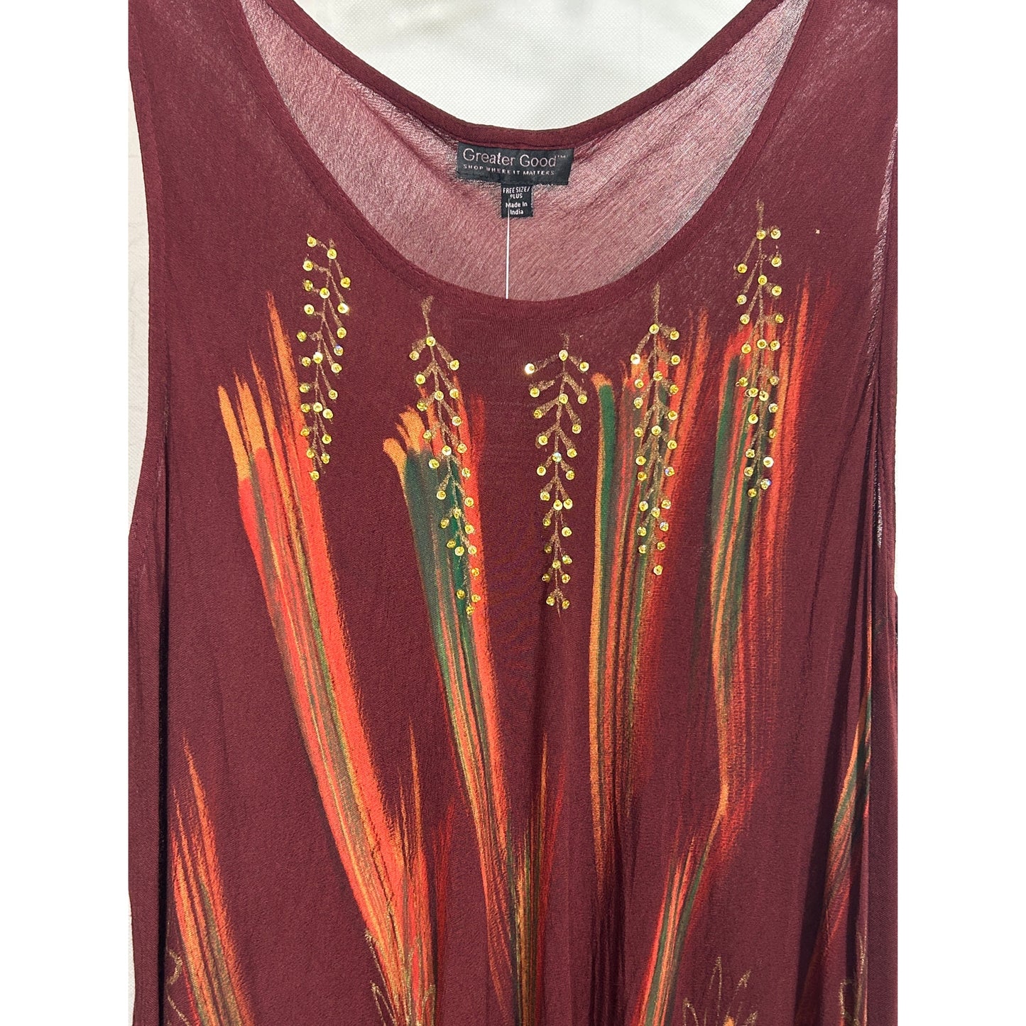 Greater Good Burgundy Hand-Printed Tunic Tank Top Free Size Plus