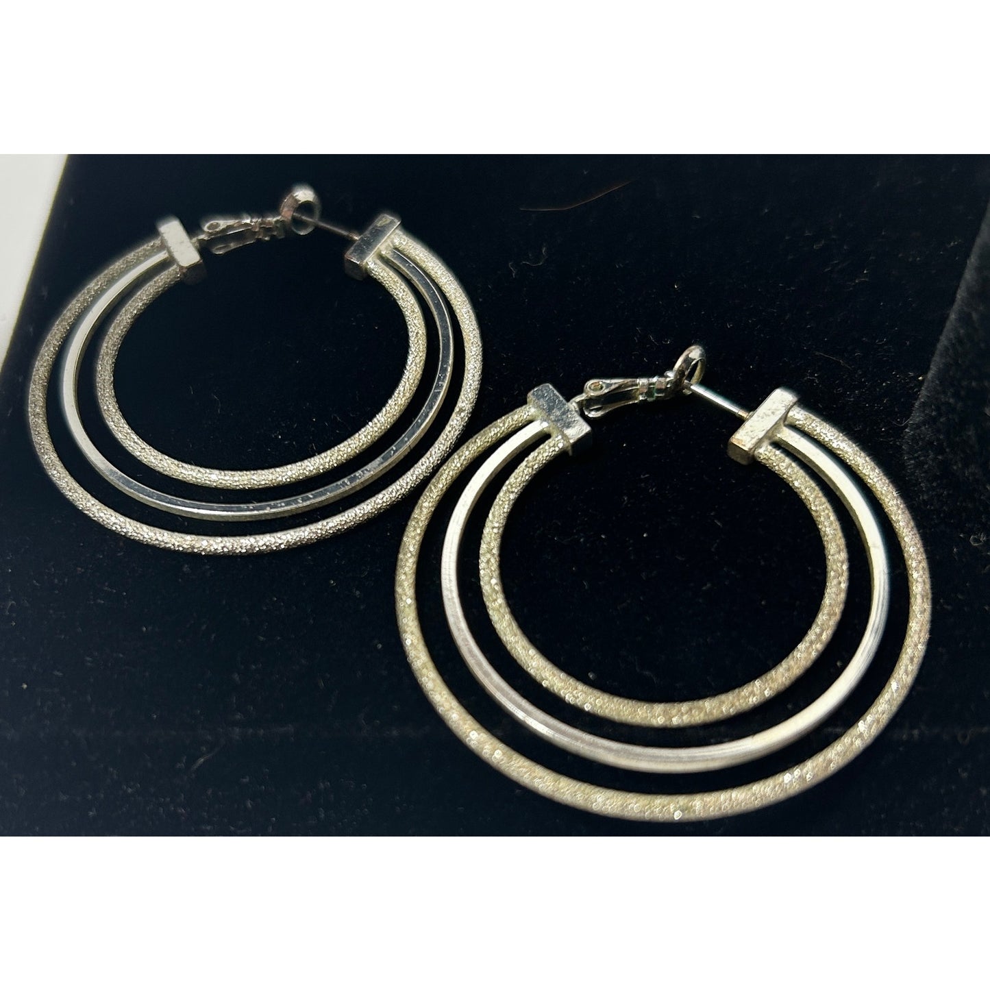 Silver Tone Triple Hoop Earrings Textured & Smooth Interlocking 2"
