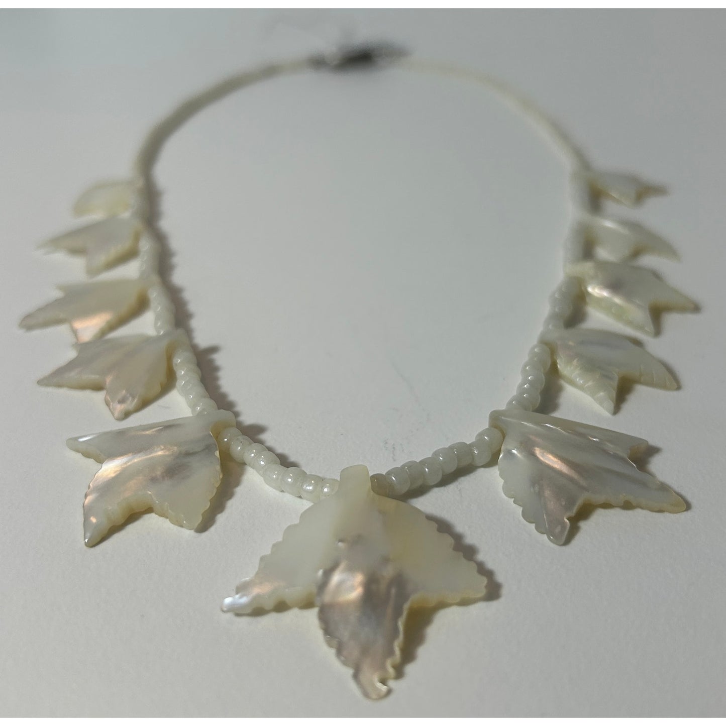 Vintage Mother of Pearl Leaf Necklace 20" with Ornate Clasp