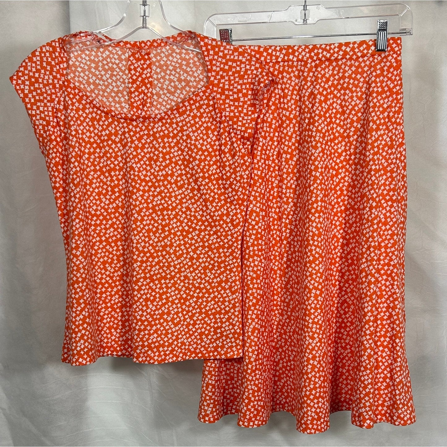 Handmade Orange White Geo Print Top & Skirt Set – Sleeveless, Flowy | Small