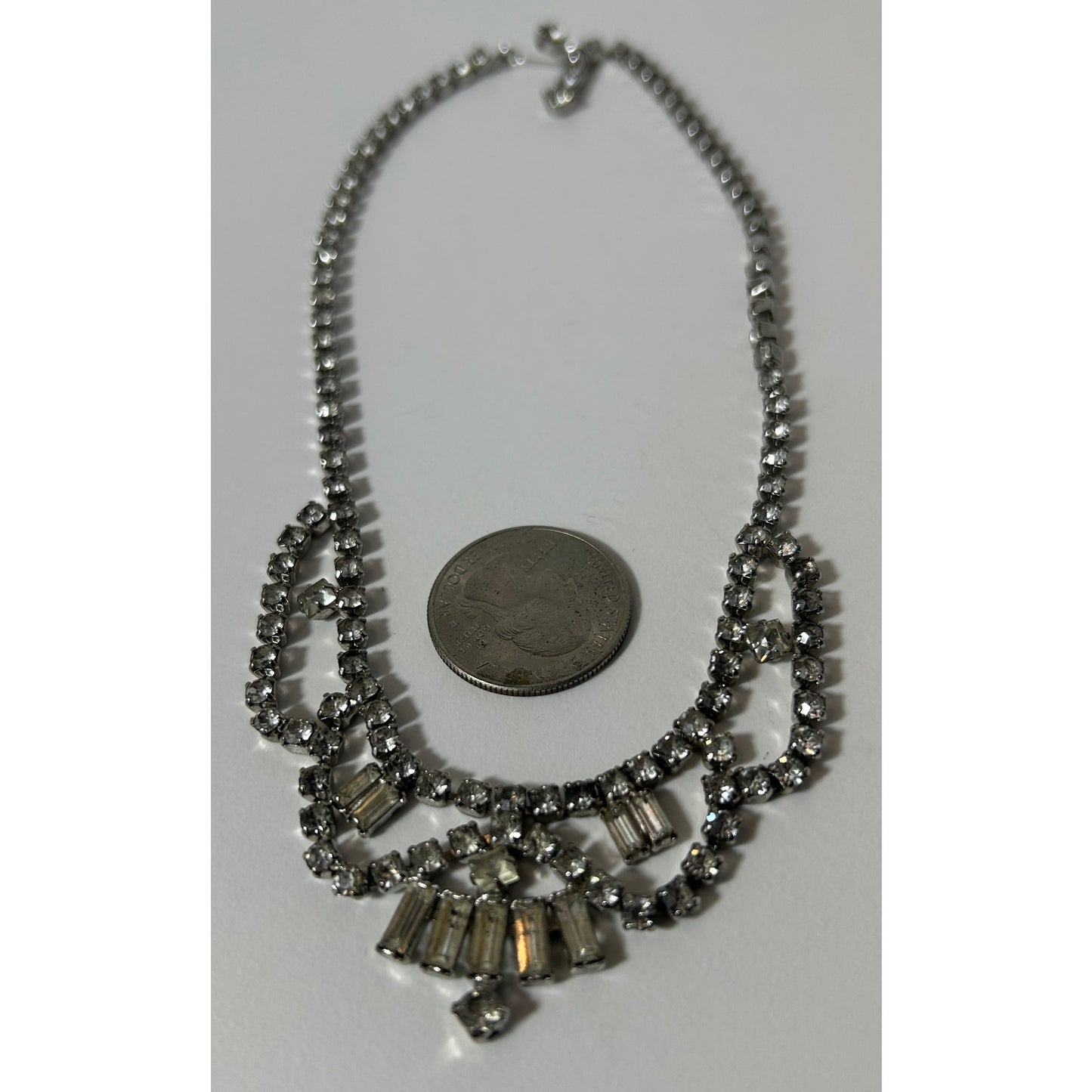 Vintage Rhinestone Bib Necklace Silver Tone 15" Bridal/Evening Jewelry