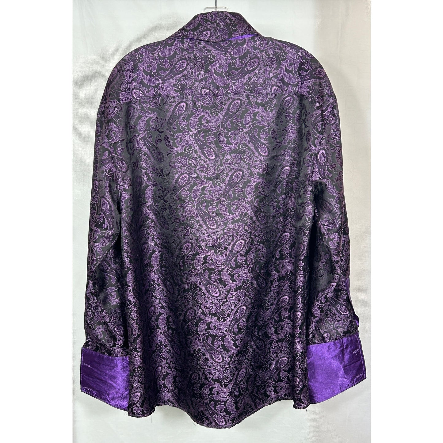 Stacy Adams XL Black Purple Paisley Dress Shirt Satin Cuffs 34/35 Sleeve
