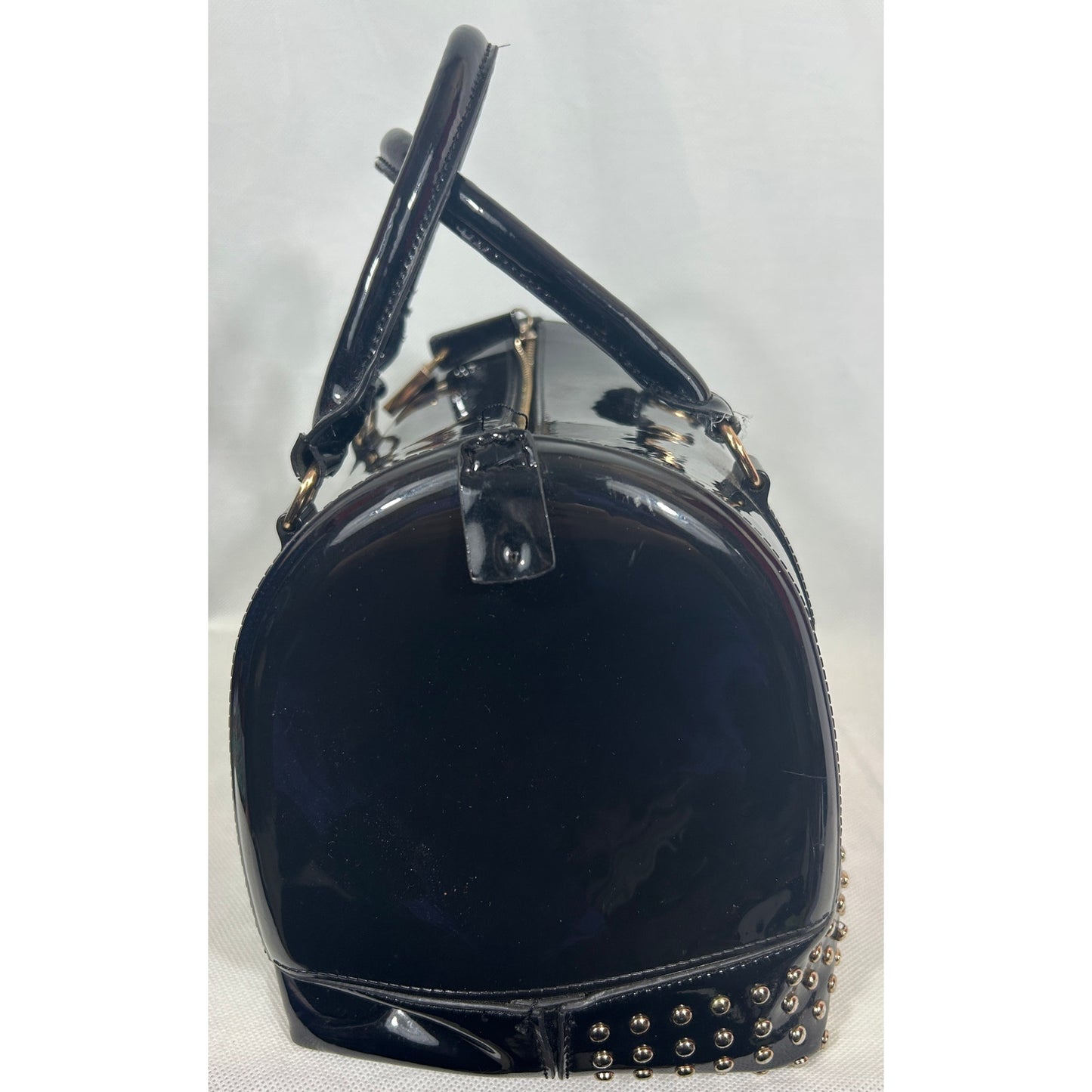 Black Patent Studded Barrel Satchel Bag with Top Handles 12″ x 9″