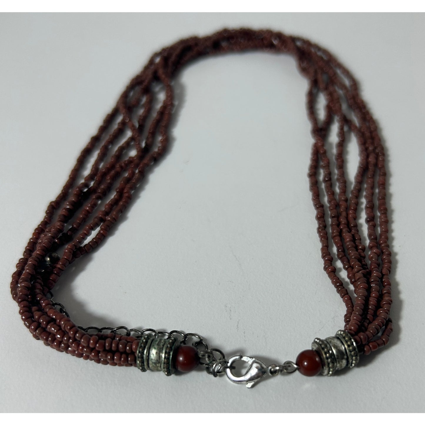 Vintage 7-Strand Brown Seed Bead Necklace with Silver Accents, 19" Length