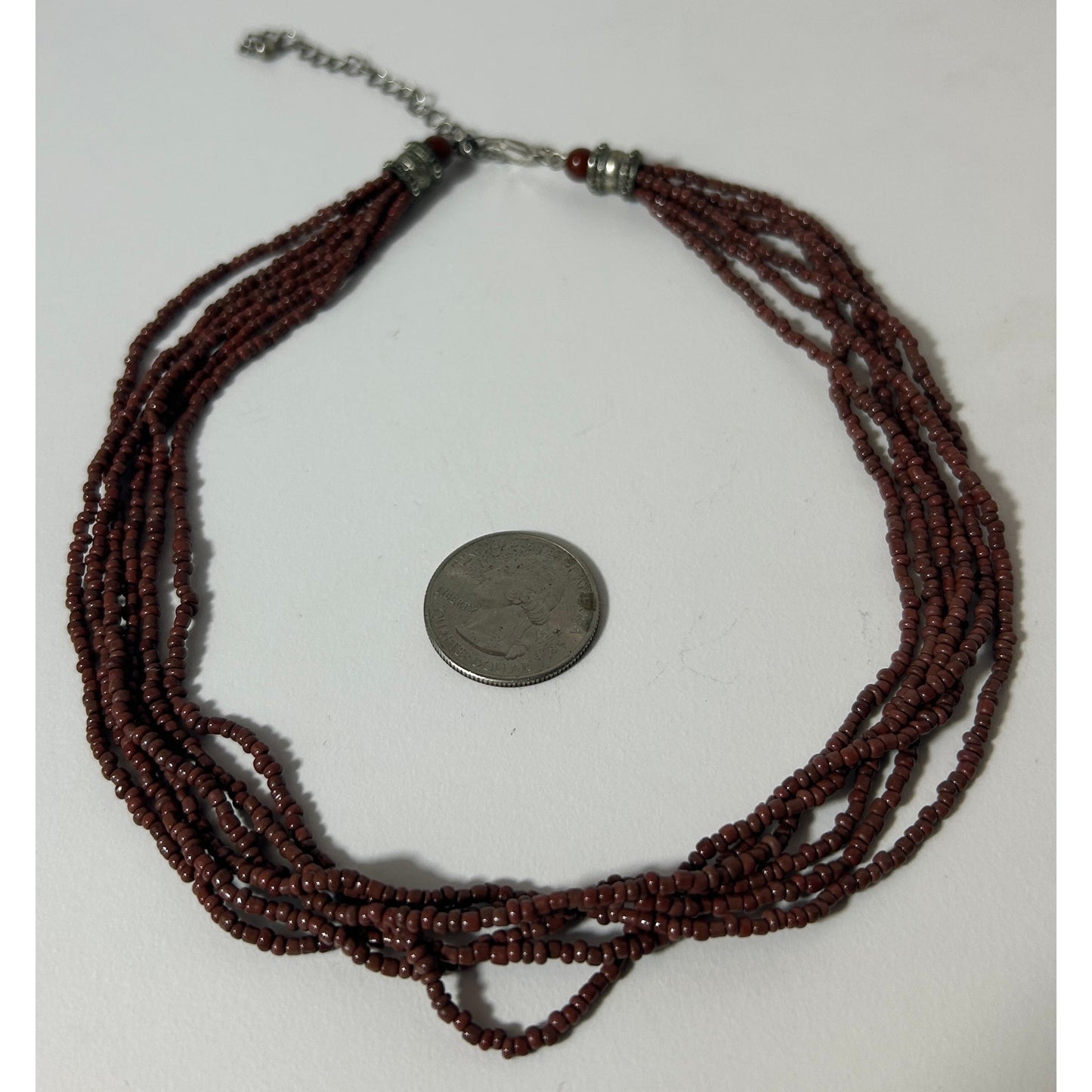 Vintage 7-Strand Brown Seed Bead Necklace with Silver Accents, 19" Length