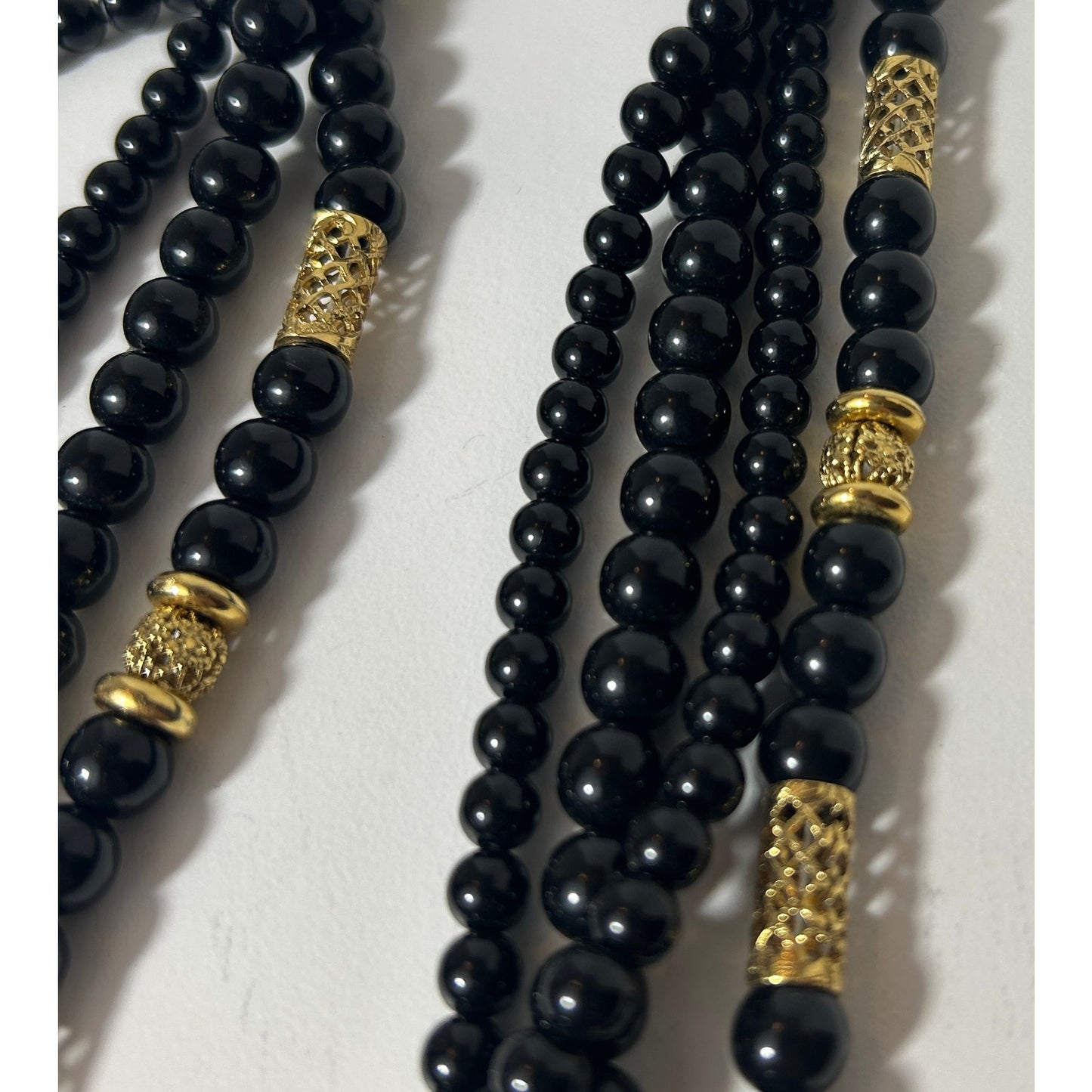 Vintage Multi-Strand Black Beaded Necklace with Gold Filigree Accents 19"