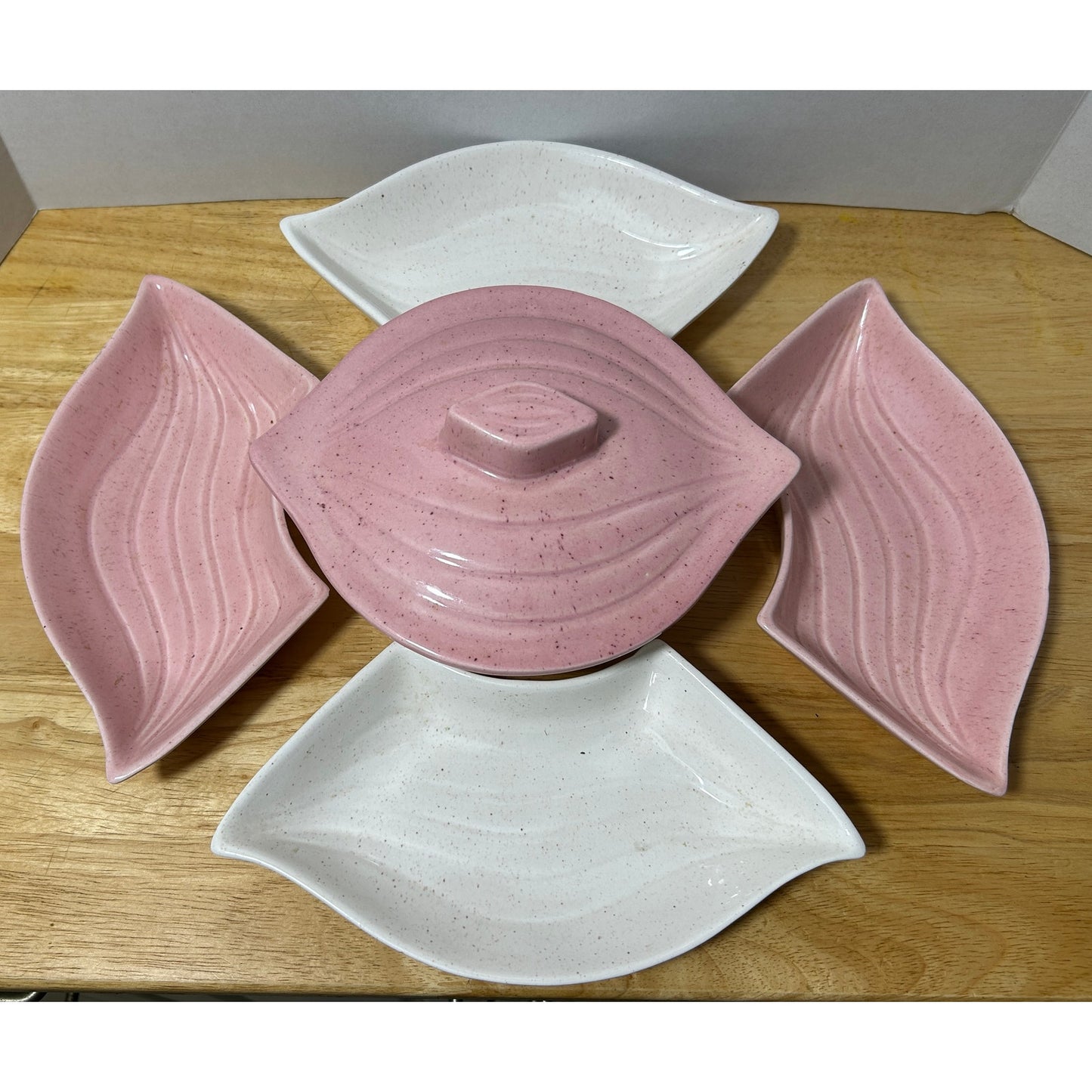 Vintage California Pottery Lazy Susan Set Pink & Cream Ceramic USA Made