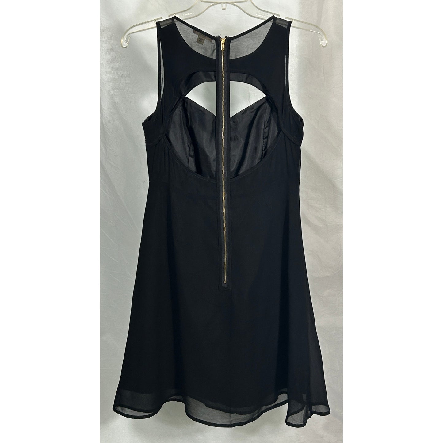 Timing Small Black Faux Leather Cutout Dress with Sheer Skirt and Back Zip