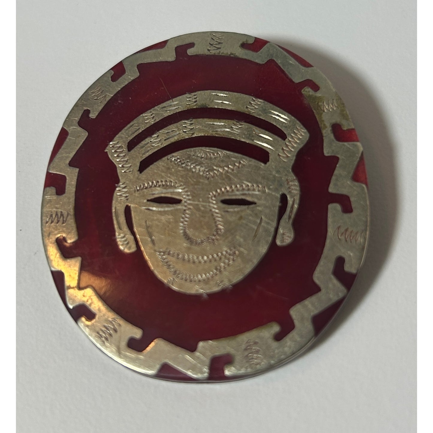 Vintage Mexican Sterling Silver & Red Enamel Face Mask Brooch Pin 2.25"