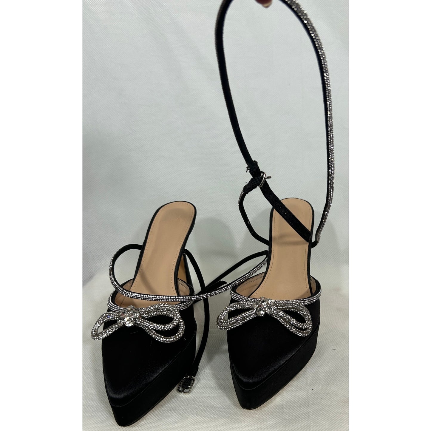 Black Satin Rhinestone Bow Ankle Strap Heels – Size 8.5