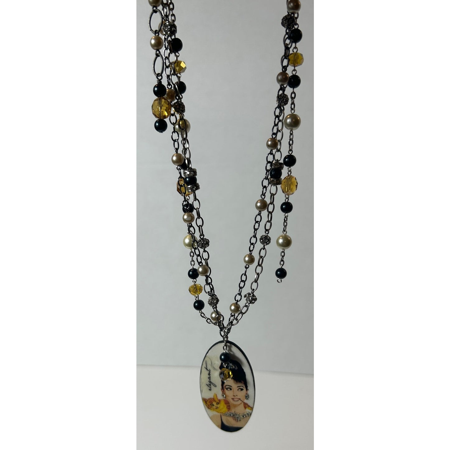 Audrey Hepburn Style "Elegant" Pendant Necklace with Beads & Chain - 19"
