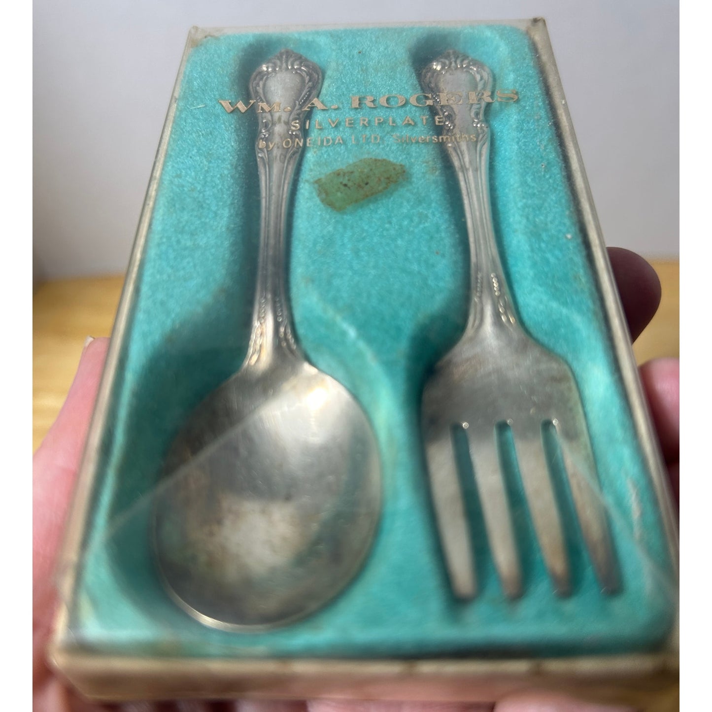 Vintage Wm. A. Rogers Silverplate Baby Spoon & Fork Set in Original Box