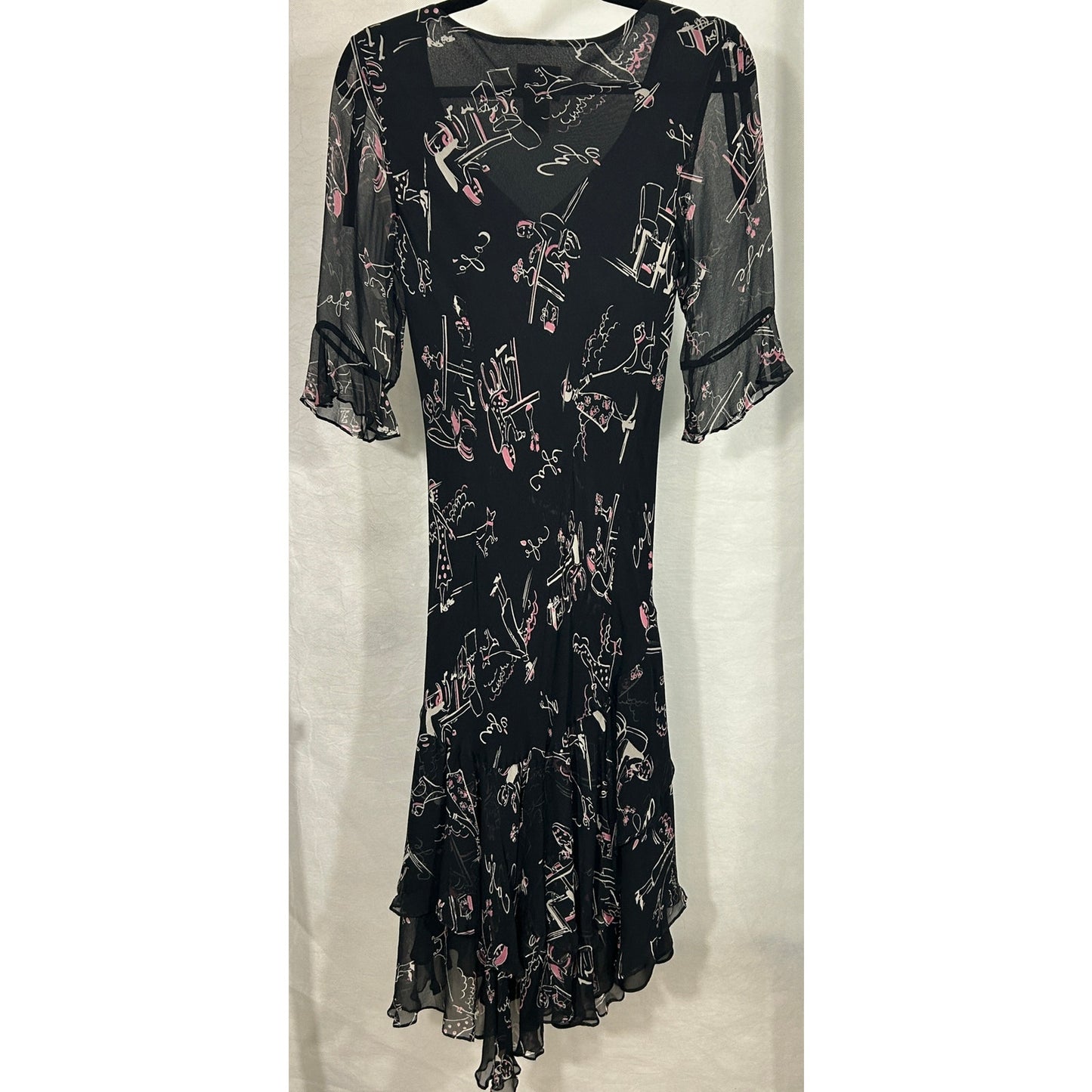Ice Brand 100% Silk Black Cafe Print Dress Size 10 Ruffle Hem V-Neck