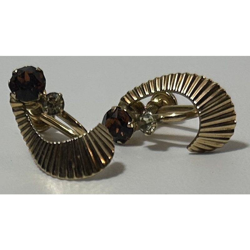 Vintage Van Dell Gold-Tone Screw Back Earrings with Amber Rhinestones