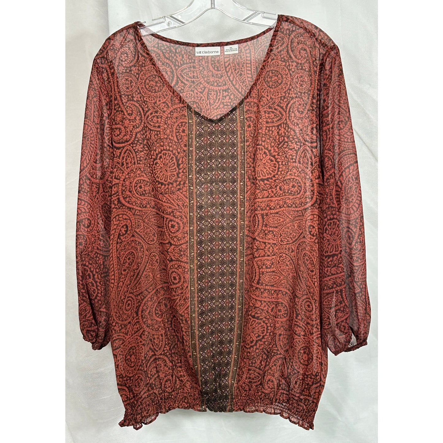 Liz Claiborne Sheer Paisley Blouse Burnt Red Brown XL Boho Peasant Style