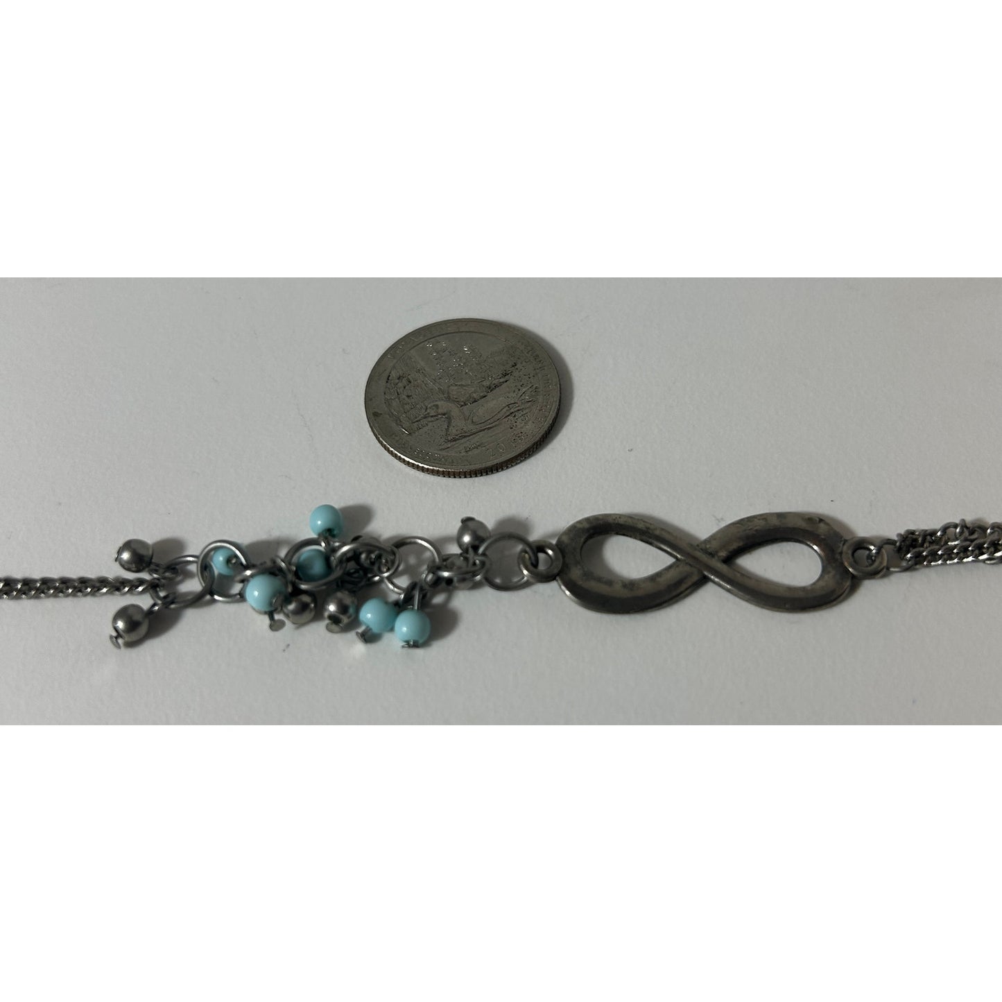 Silver Infinity Chain Necklace with Blue Beads & Multi-Strand Accent, 45"