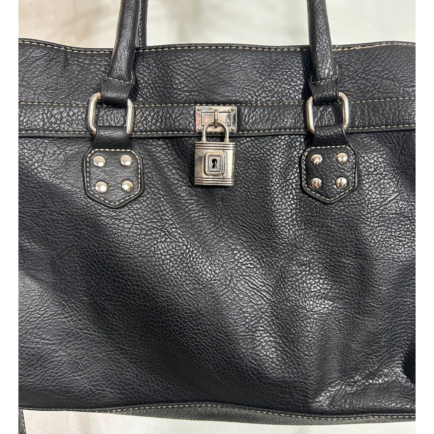 Black Faux Leather Tote Bag with Padlock Accent and Chain Strap 11"x10.5"