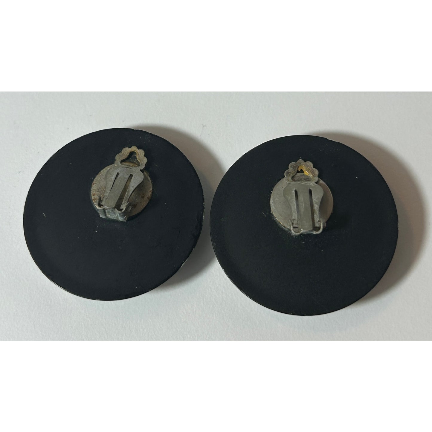 Vintage Black White Polka Dot Stripe Clip-On Earrings Retro Mod 1.75"