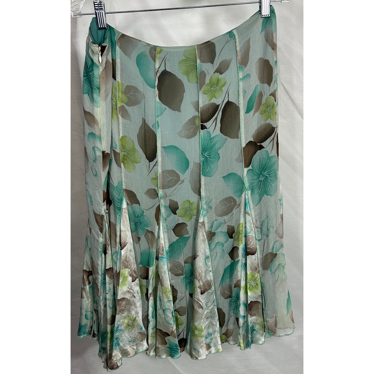 Nine West 100% Silk Floral Midi Skirt Size 14 Aqua Green Brown Pleated
