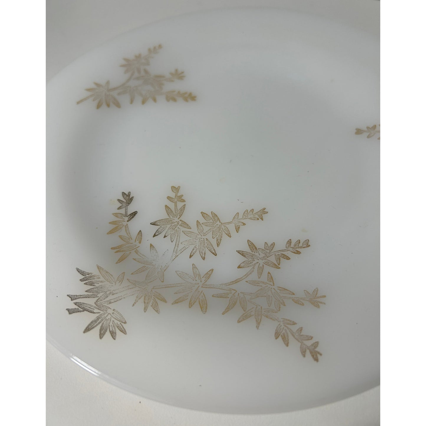 Vintage 9″ Federal Glass Milk Glass Plate with Gold Leaf Botanical Accent