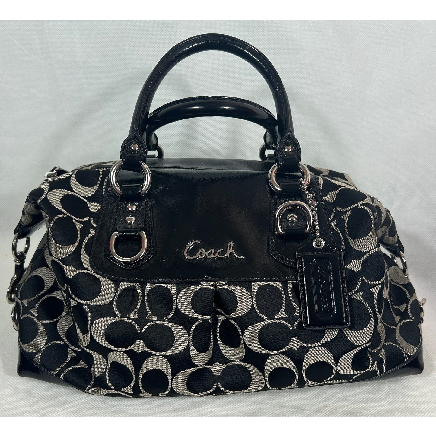 Coach Signature Canvas & Leather Satchel Bag Black Silver Hardware 15″ x 8″