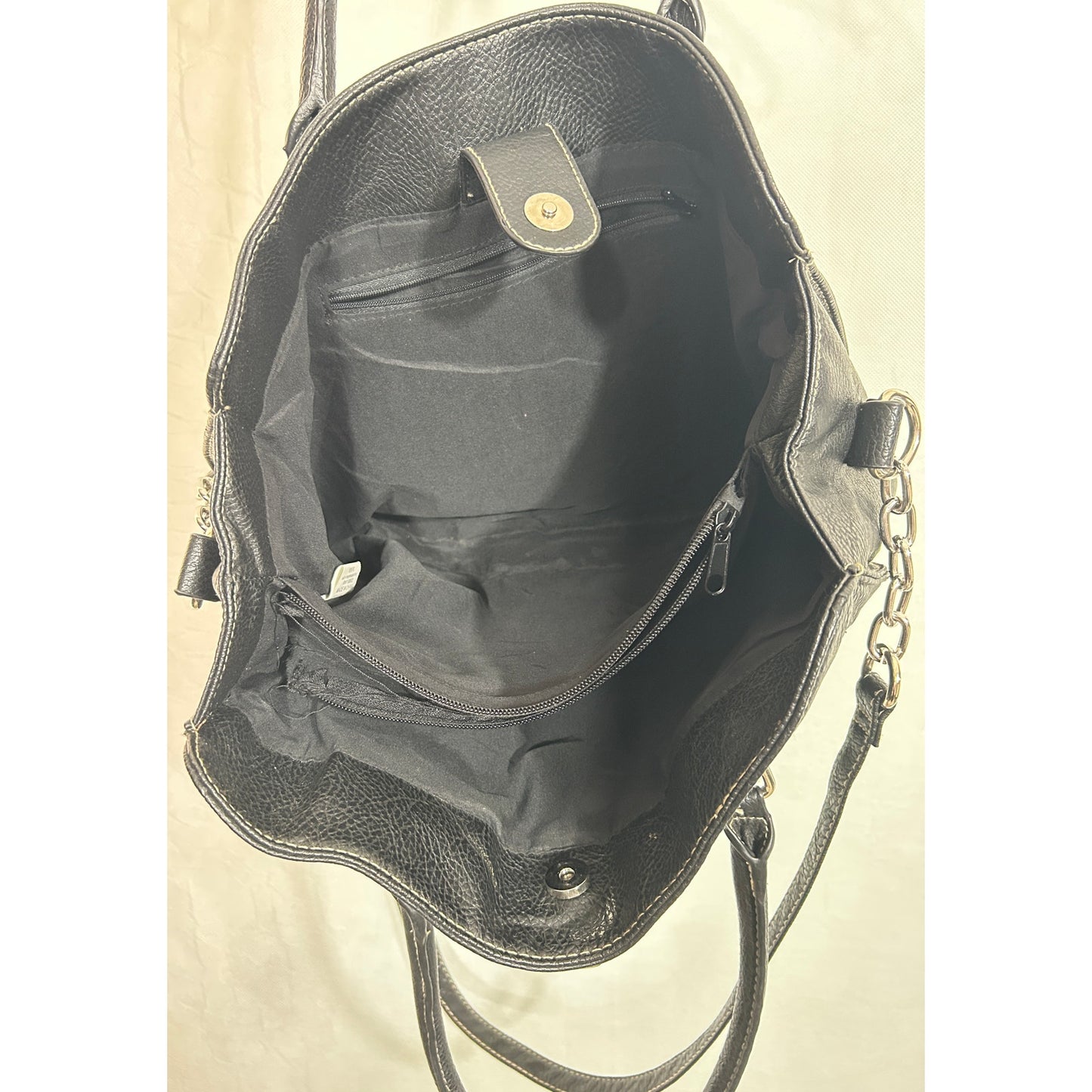 Black Faux Leather Tote Bag with Padlock Accent and Chain Strap 11"x10.5"