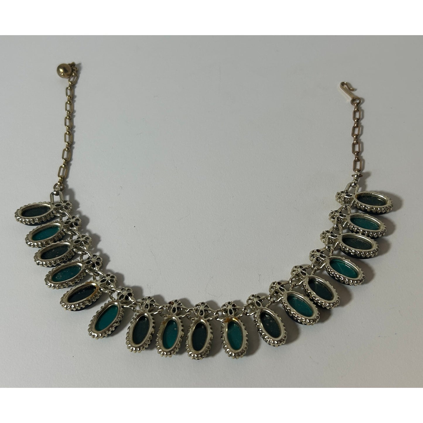 Vintage Teal Cabochon & Gold Floral Statement Necklace 16" Adjustable