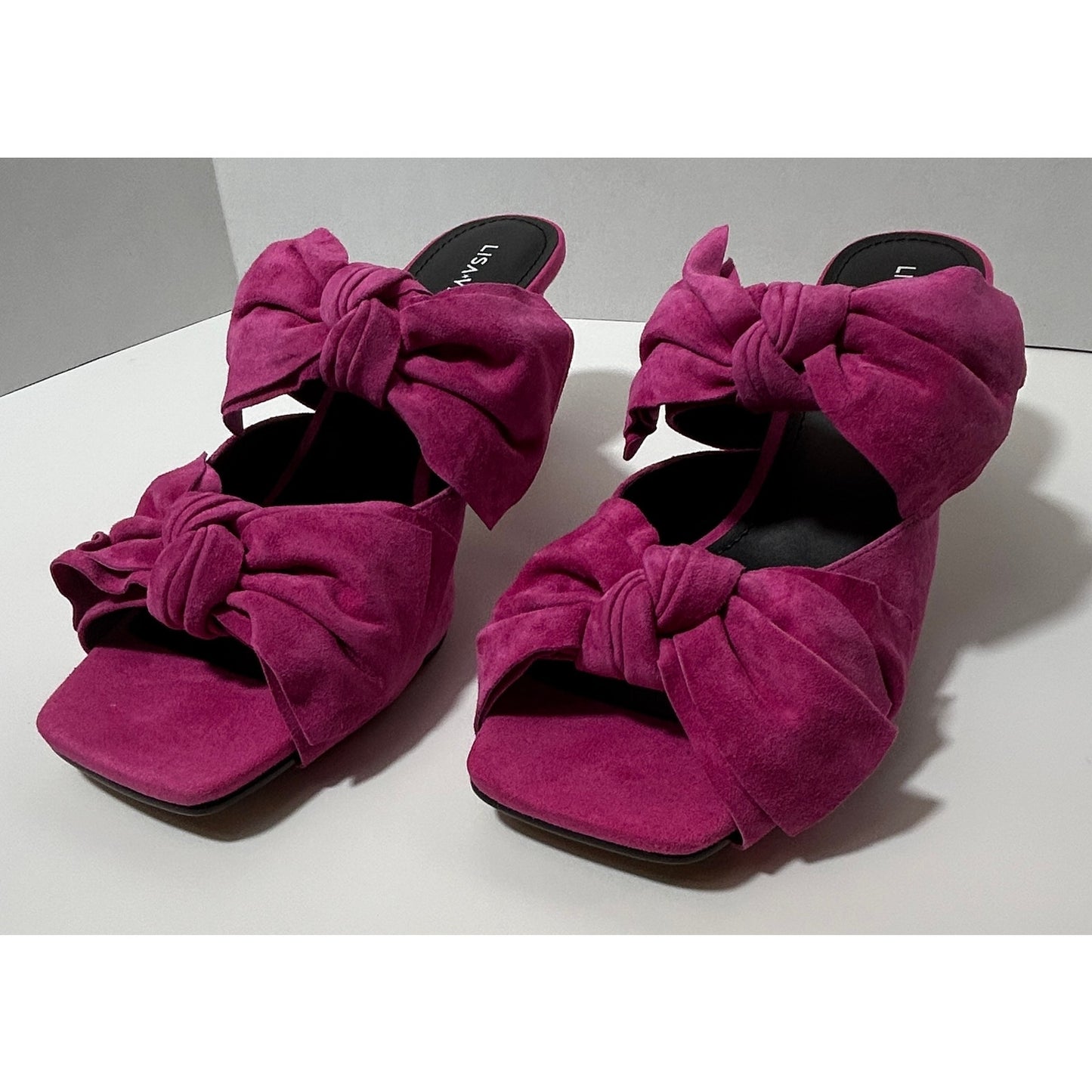 Lisa Vicky Fuchsia Suede Mule Heels w/ Double Bow Accent Size 9.5M NIB