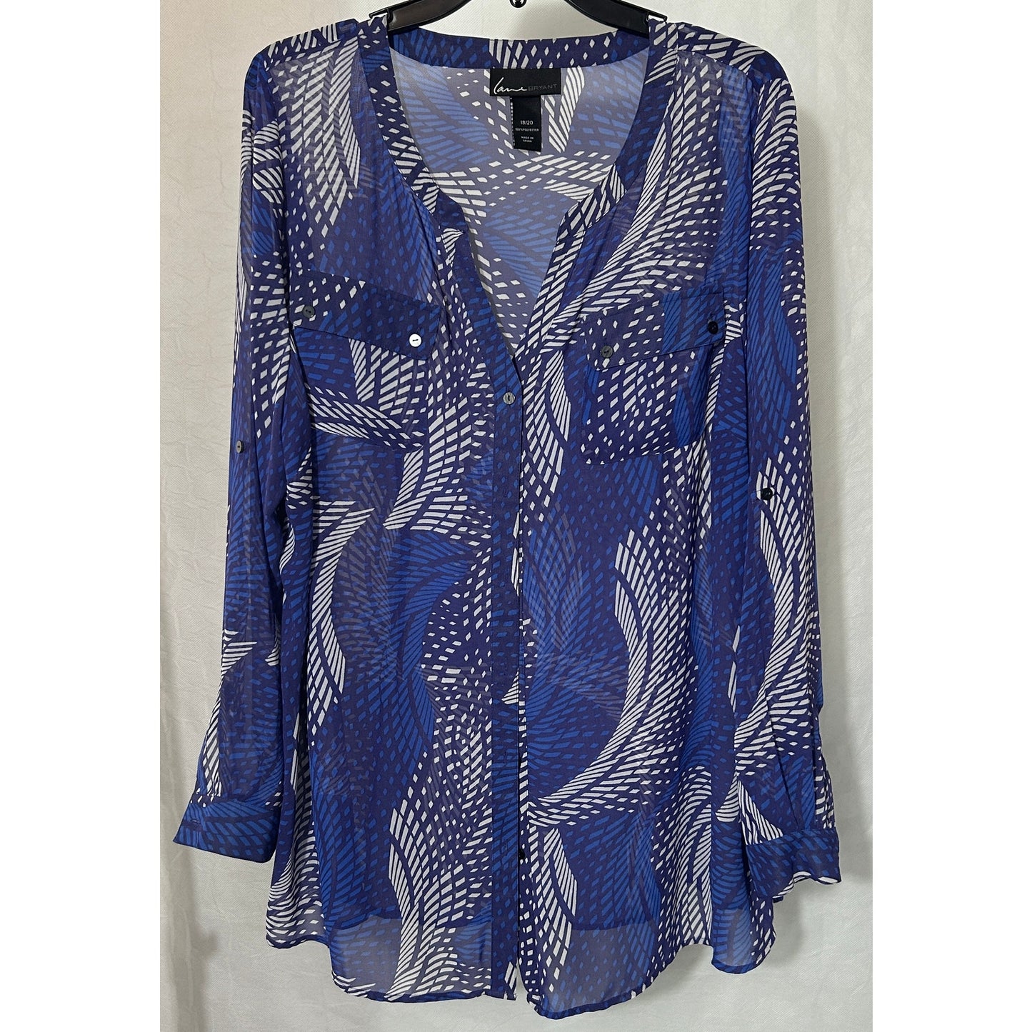 Lane Bryant Blue White Abstract Sheer Button-Up Blouse Size 18/20