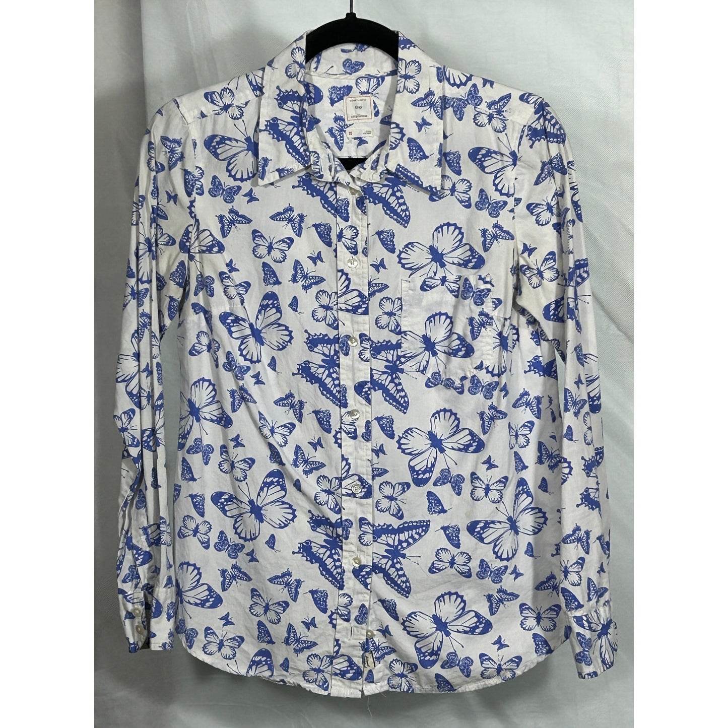 Gap Fitted Boyfriend Shirt XS Blue Butterfly Print 100% Cotton