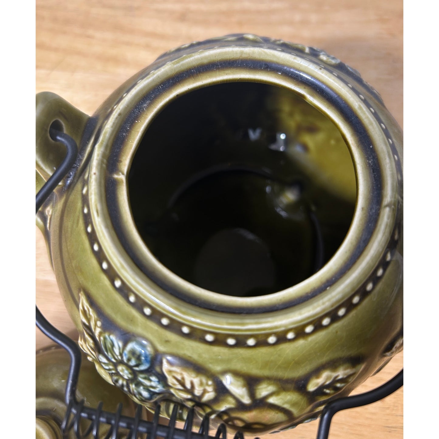 Vintage Royal Sealy Japan Green Ceramic Teapot with Fruit Motif 6.5" Tall